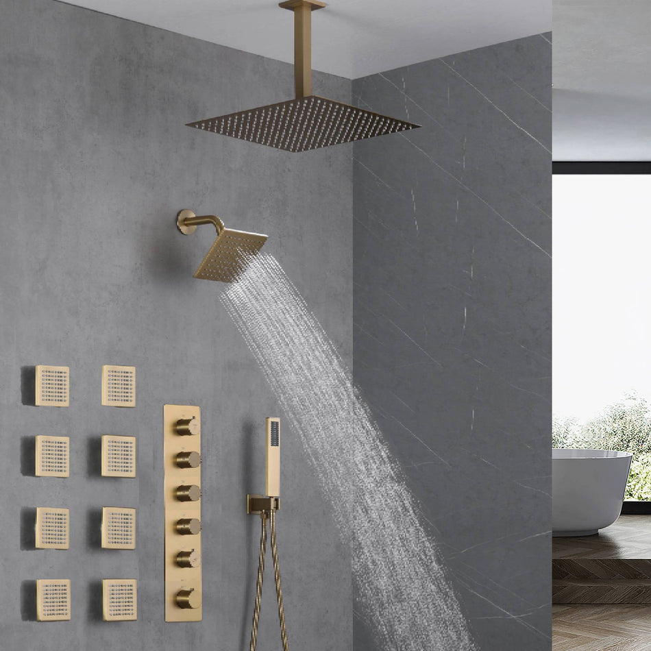 Matte Black Or Brushed nickel or Brushed Gold Rainfall Shower System: 12" or 16" with 5-Way Thermostatic Valve, Body Jets