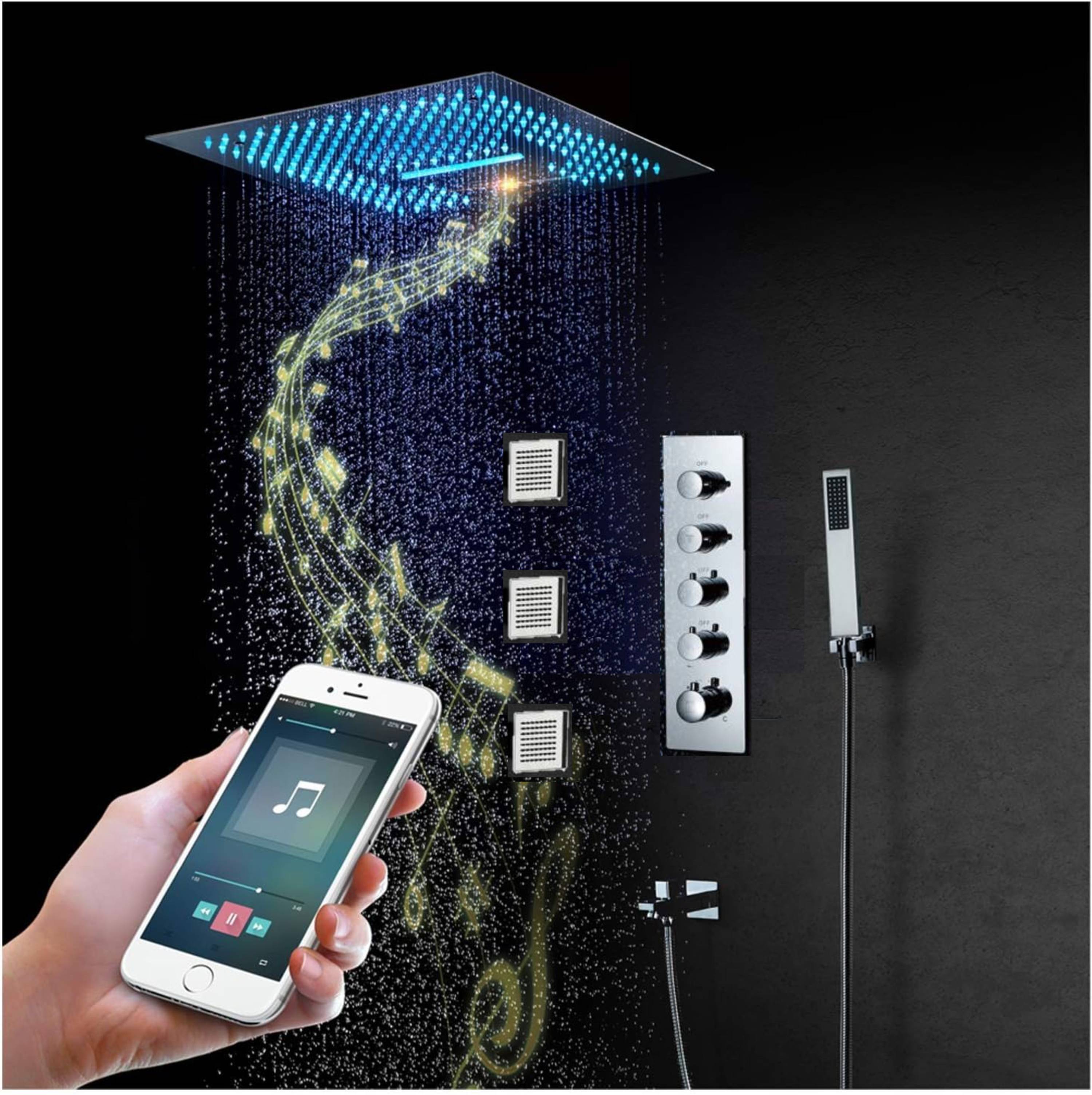 16-Inch Chrome Thermostatic Shower Faucet: Flush-Mounted, 64-Color LED Lighting, Bluetooth Music, 4-Way Control, and 4-Inch Body Jet Features - wonderland shower inc