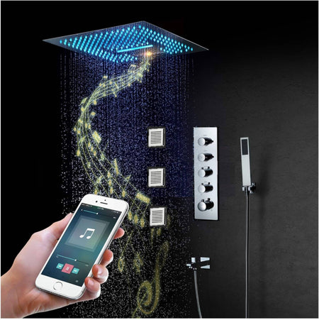 16-Inch Chrome Thermostatic Shower Faucet: Flush-Mounted, 64-Color LED Lighting, Bluetooth Music, 4-Way Control, and 4-Inch Body Jet Features - wonderland shower inc