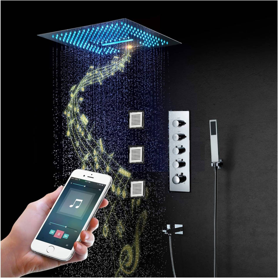 16-Inch Chrome Thermostatic Shower Faucet: Flush-Mounted, 64-Color LED Lighting, Bluetooth Music, 4-Way Control, and 4-Inch Body Jet Features - wonderland shower inc