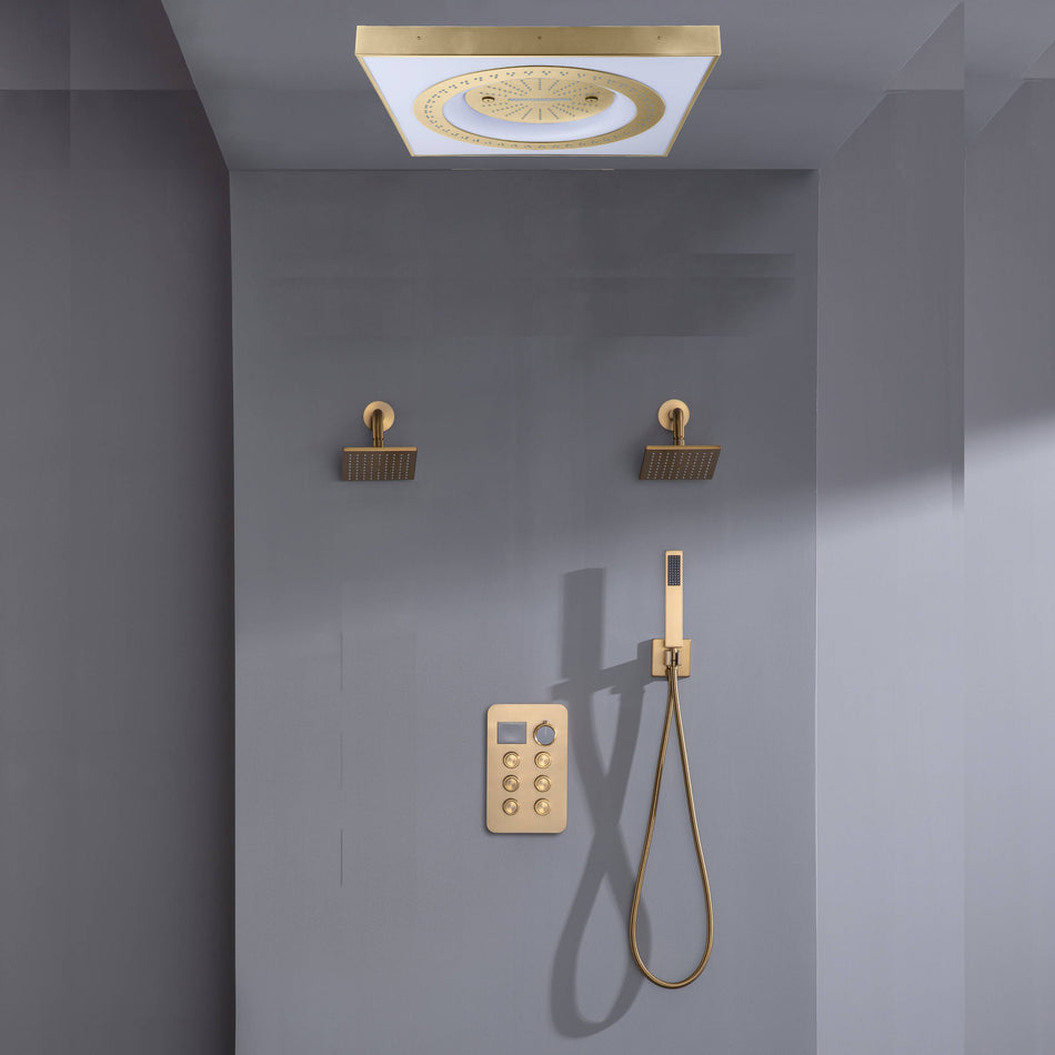 24" Flush Mount Shower Head 6-Way Digital Faucet with Dual 6" Regular Head in Brushed Gold, Nickel, or Matte Black