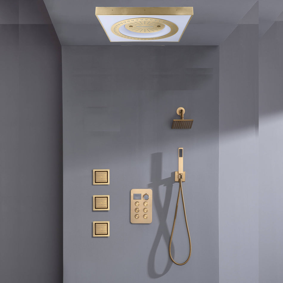 24" Flush Mount Shower Head with 6-Way Digital Faucet, 6" Regular Head, Body Jets