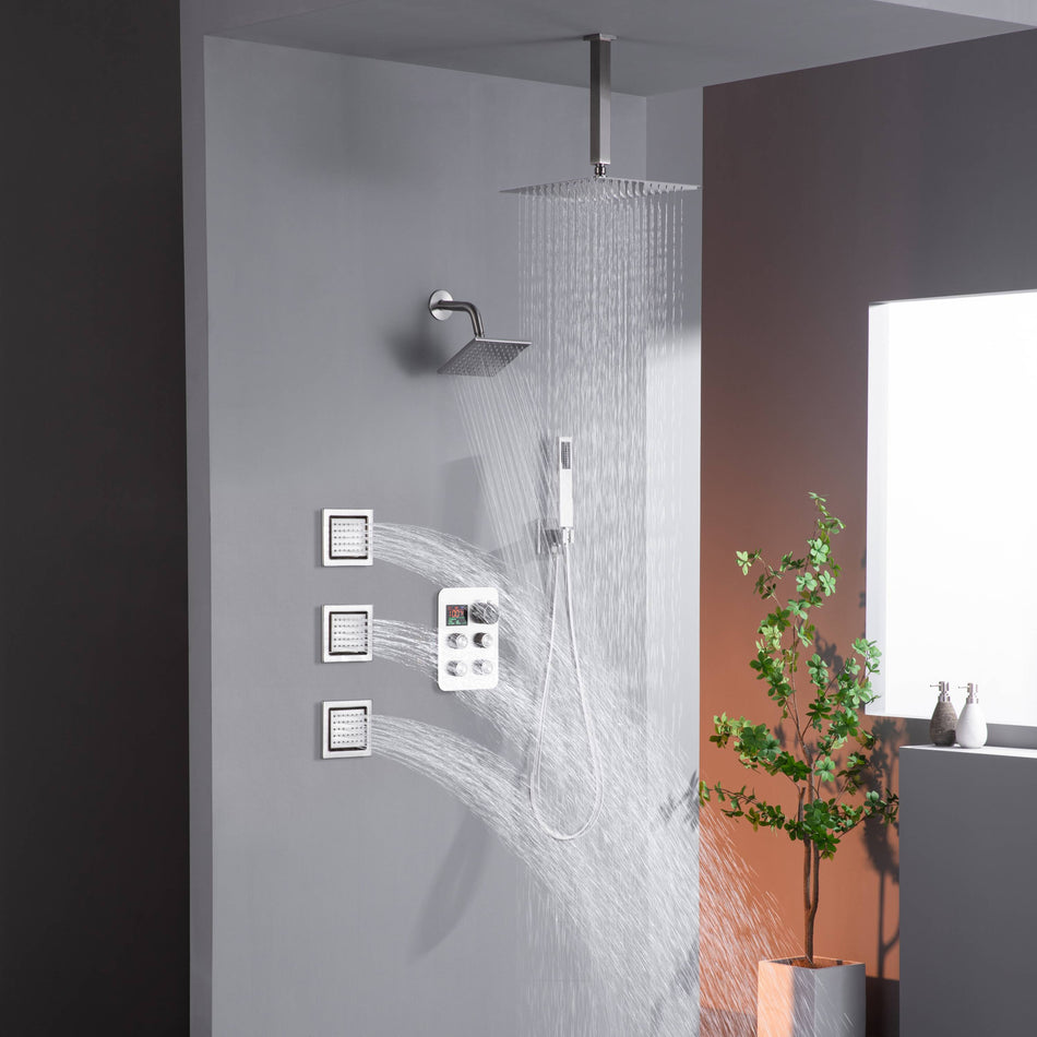 12" or 16" Ceiling Mount Rain Head with 4-Way Thermostatic Faucet and 4" Body Jet