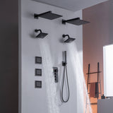 matte black or brushed gold or brushed nickel dual rainfall head 6 way digital display shower faucet with dual 6'' regular heads and 4'' body jets