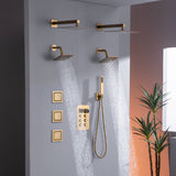 matte black or brushed gold or brushed nickel dual rainfall head 6 way digital display shower faucet with dual 6'' regular heads and 4'' body jets