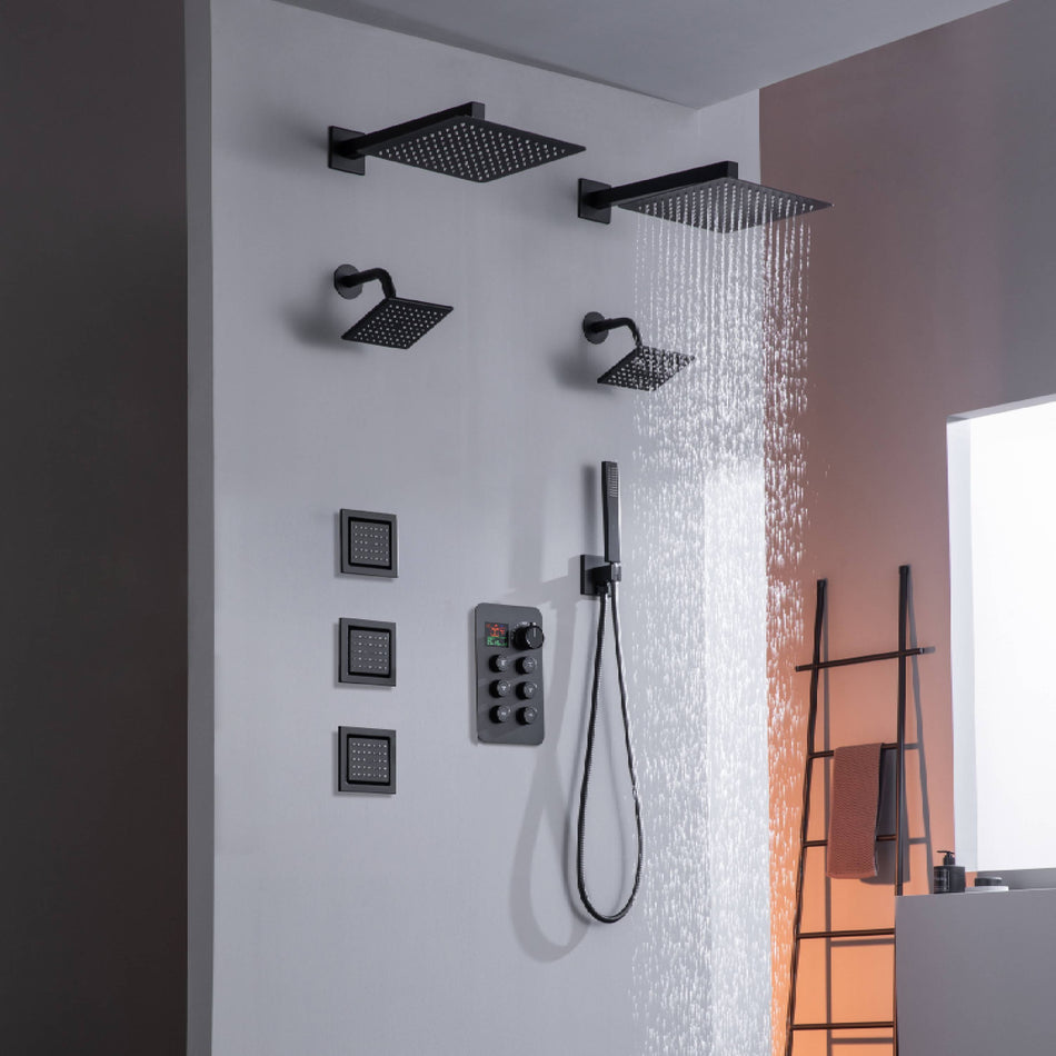 matte black or brushed gold or brushed nickel dual rainfall head 6 way digital display shower faucet with dual 6'' regular heads and 4'' body jets