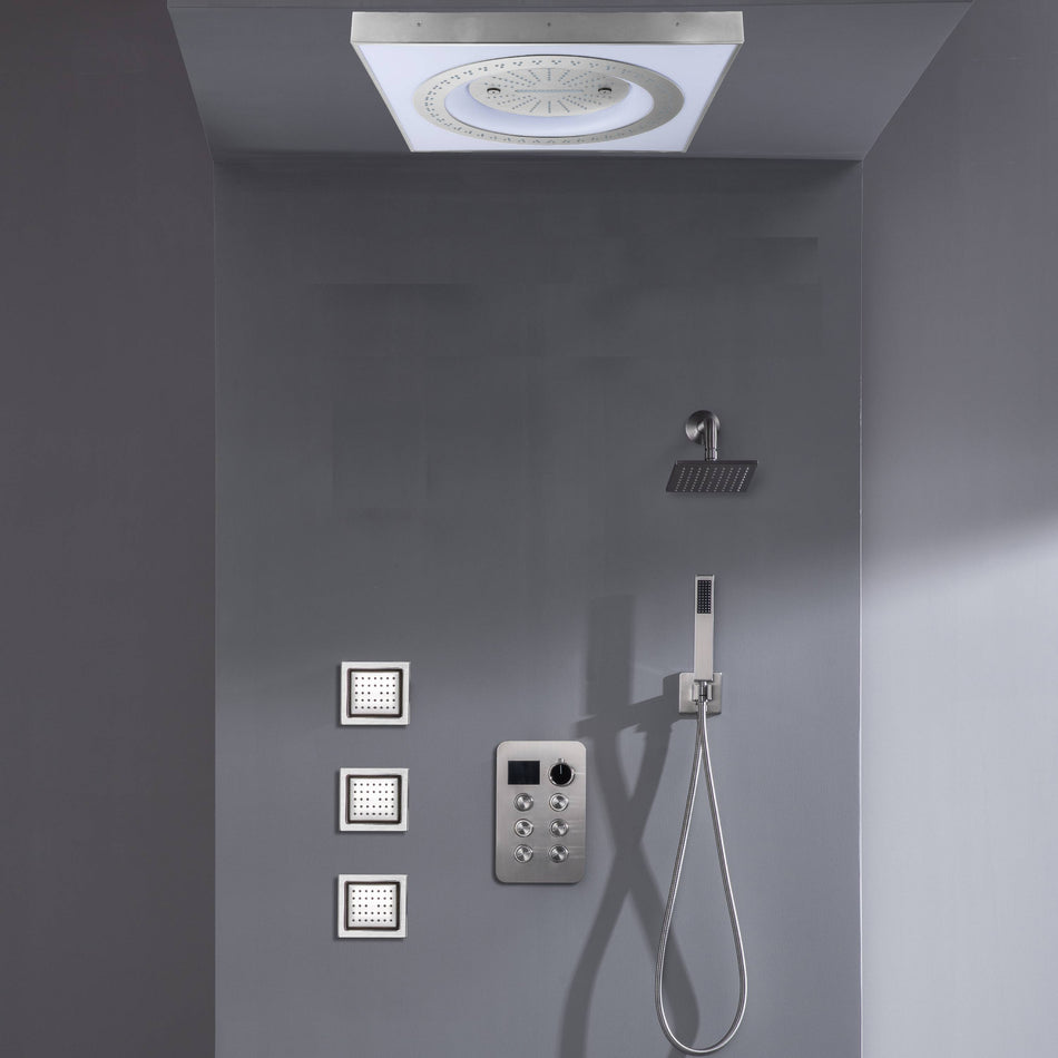 24" Flush Mount Shower Head with 6-Way Digital Faucet, 6" Regular Head, Body Jets