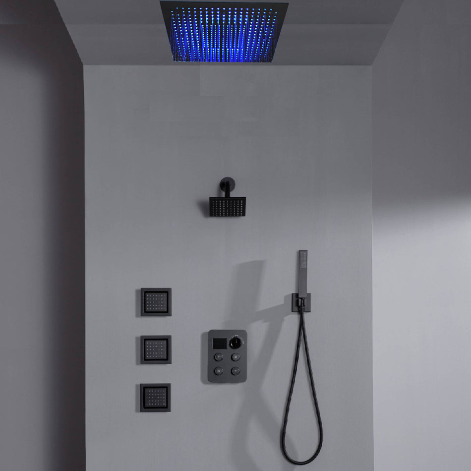 16" or 20" Flush Mount LED Rain Head Shower System with Regular Head and 3 Body Jets