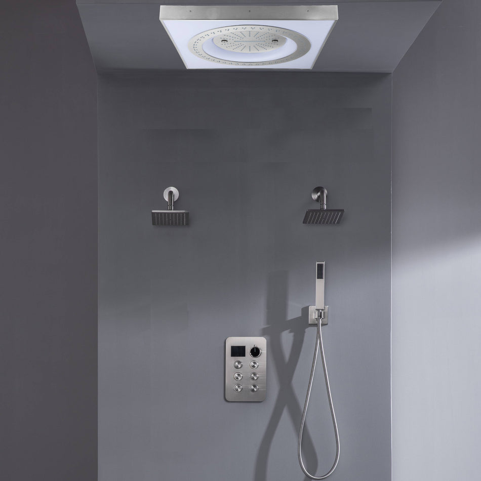 24" Flush Mount Shower Head 6-Way Digital Faucet with Dual 6" Regular Head in Brushed Gold, Nickel, or Matte Black