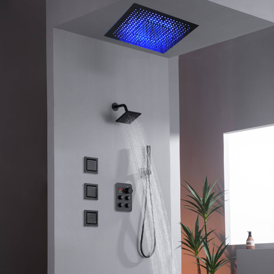 16" or 20" Flush Mount LED Rain Head Shower System with Regular Head and 3 Body Jets