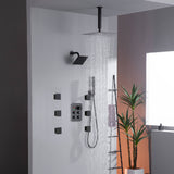Oil Rubbed Bronze Ceiling Mount Rainfall Shower Head with 4-Way Thermostatic System, Body Jets, and High Water Pressure Wall Mount Shower Head