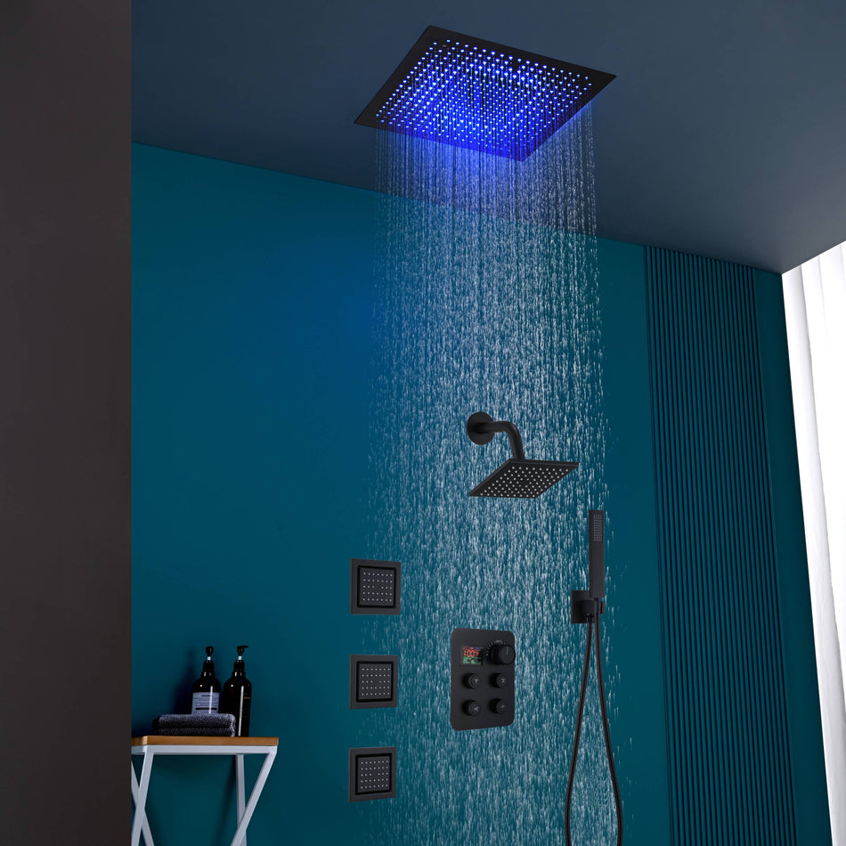 16" or 20" Flush Mount LED Rain Head Shower System with Regular Head and 3 Body Jets