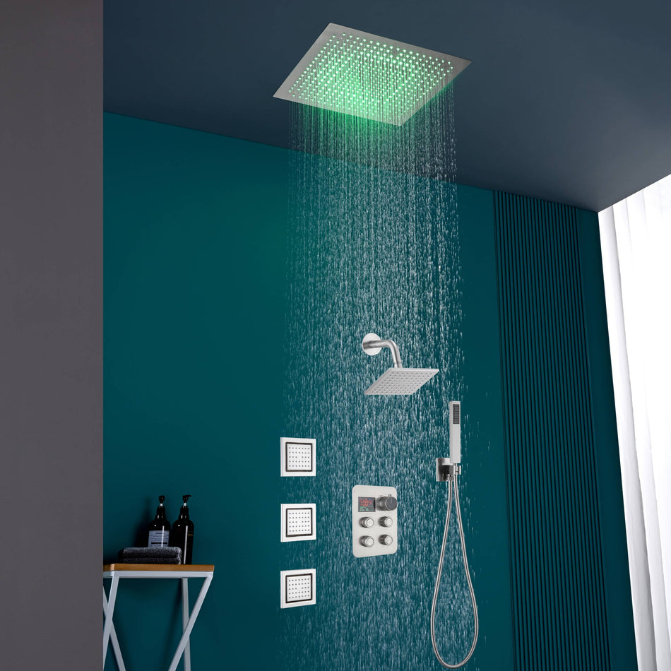 16" or 20" Flush Mount LED Rain Head Shower System with Regular Head and 3 Body Jets