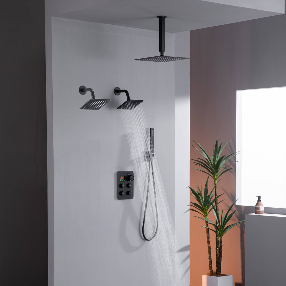 Matte Black Ceiling Mount 4-Way Digital Thermostatic Shower Faucet with Dual 6" Regular Head