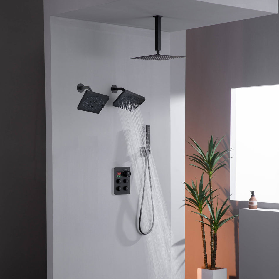 Matte Black Ceiling Mount 4-Way Digital Thermostatic Shower Faucet with Dual 6" Regular Head