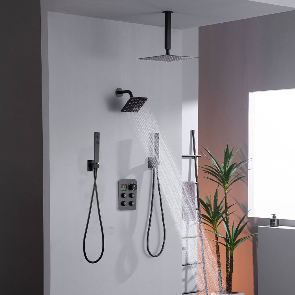 12" or 16" Ceiling Mount Rain Head with 4-Way Thermostatic Faucet and Dual Regular Heads