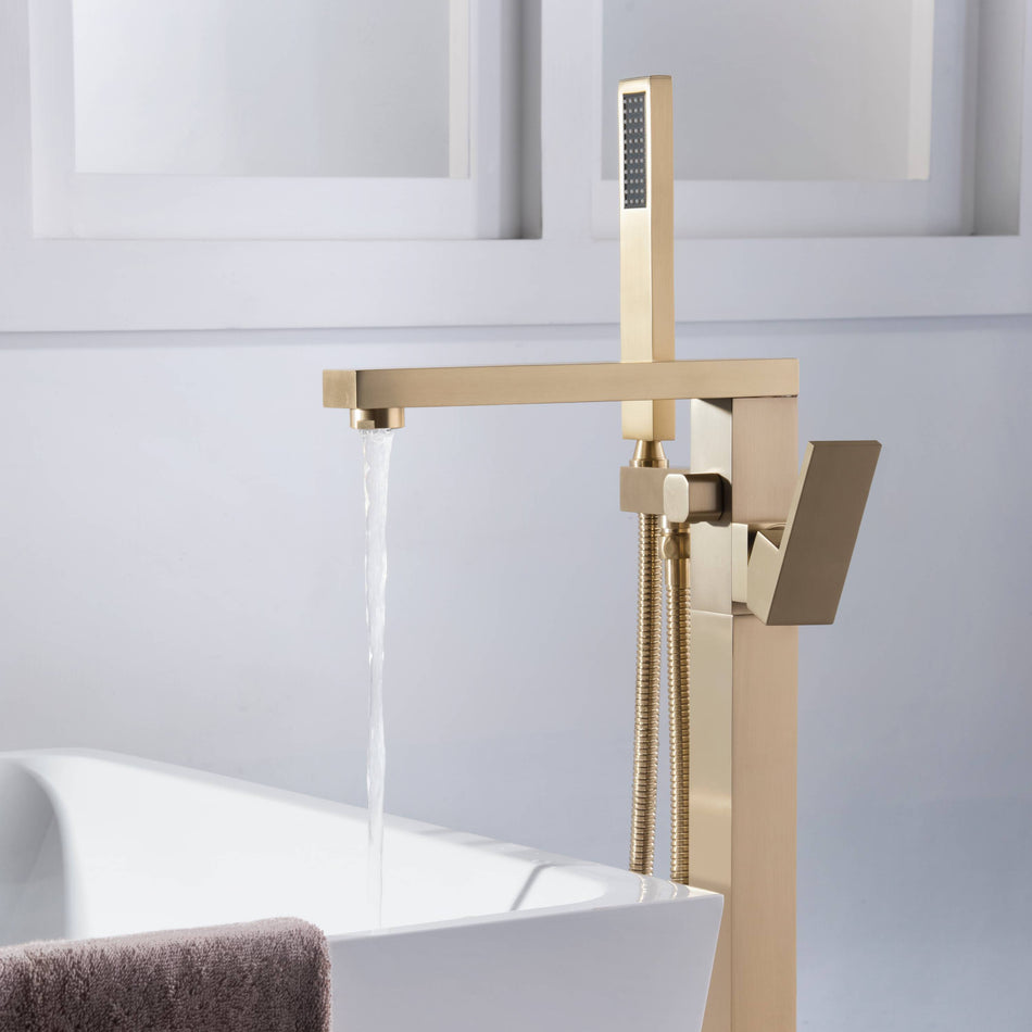 Brushed Gold Finish Floor Mount Freestanding Tub Filler Faucet: Complete with a Single Handle and Hand Shower