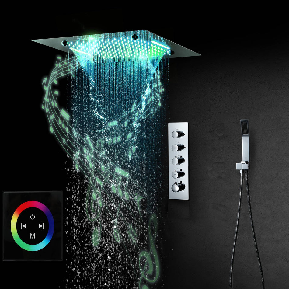 Bluetooth Music 64 LED colors 20inch chrome flushed on rainfall waterfall mist shower systems 3 or 4 way thermostatic valve with touch panel