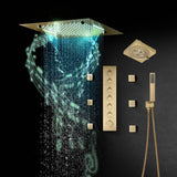 Flush-Mounted Brushed Gold 6-Way Digital Thermostatic Shower System:  Six Body Jets, Regular Head, and 20-Inch Rainfall Waterfall Mist Shower Head Featuring Bluetooth Music and 64-Color LED Lights