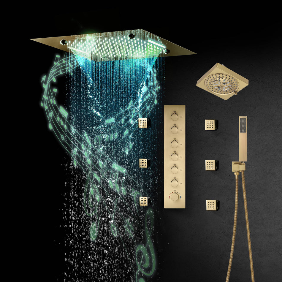 Flush-Mounted Brushed Gold 6-Way Digital Thermostatic Shower System:  Six Body Jets, Regular Head, and 20-Inch Rainfall Waterfall Mist Shower Head Featuring Bluetooth Music and 64-Color LED Lights