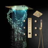 Flush-Mounted Brushed Gold 6-Way Digital Thermostatic Shower System:  Six Body Jets, Regular Head, and 20-Inch Rainfall Waterfall Mist Shower Head Featuring Bluetooth Music and 64-Color LED Lights