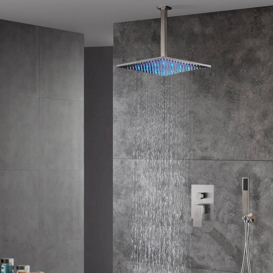 12-Inch or 16-Inch Ceiling Mount Brushed Nickel Shower System with Dual Functions: Options for LED or Non-LED Rain Head