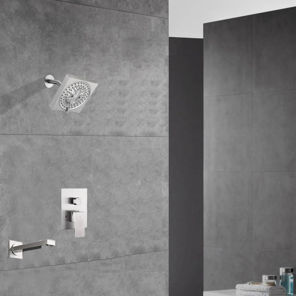 Two-Function Wall-Mounted Brushed Nickel Shower System: Regular Shower Head with High Water Pressure And Tub Spout