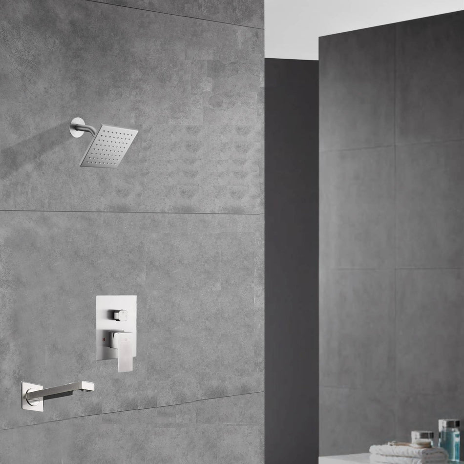Two-Function Wall-Mounted Brushed Nickel Shower System: Regular Shower Head with High Water Pressure And Tub Spout