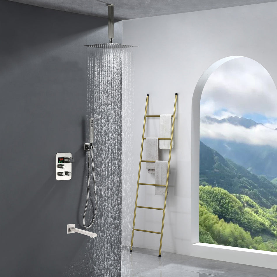 Brushed Nickel Ceiling Mount 3-Way Thermostatic Shower Valve System with Tub Spout