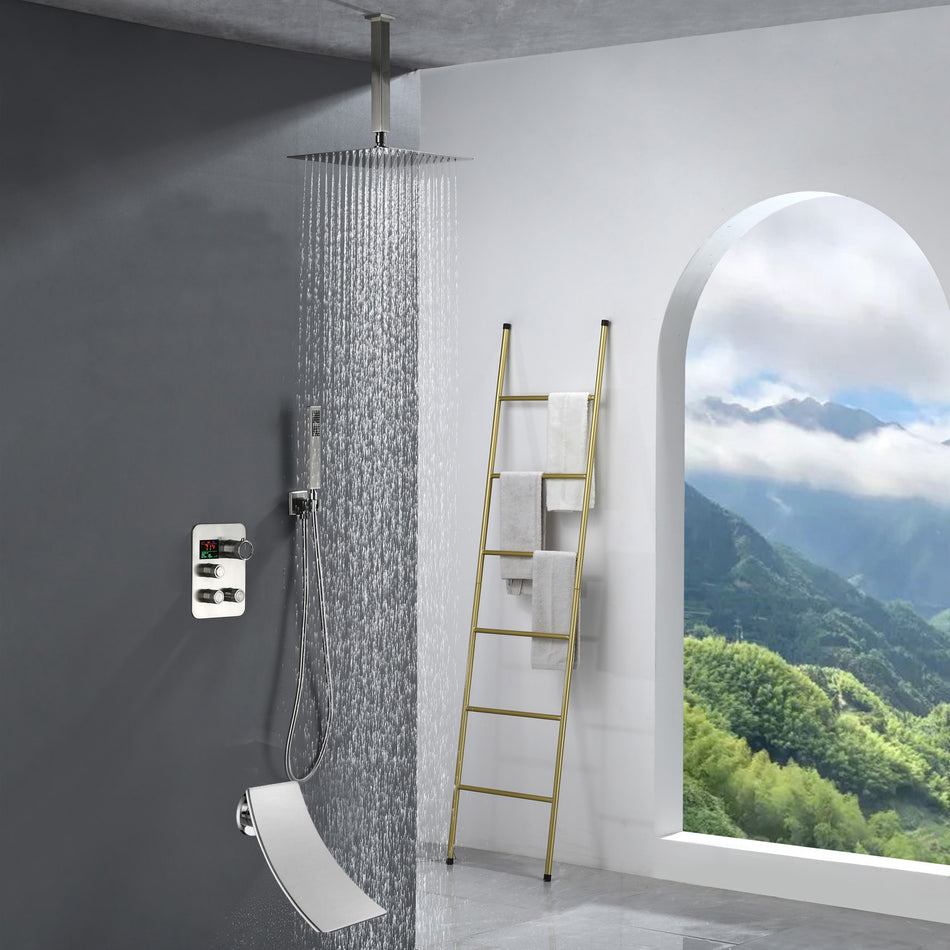 Ceiling mounted 3 functions Thermostatic  Brushed Nickel rain Shower Faucet With waterfall tub spout