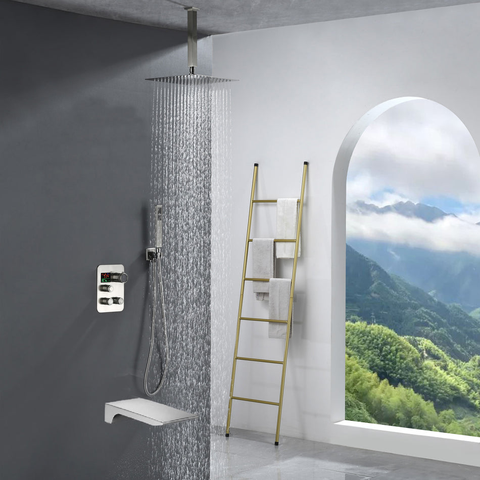Brushed nickel Ceiling mount Brushed gold 3 way Thermostatic Shower valve system with tub spout that each function run all together and separately