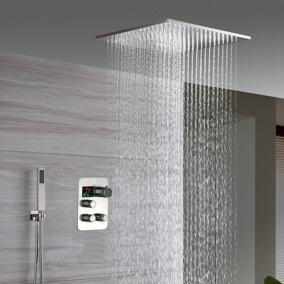 20-Inch Brushed Nickel Ceiling-Mount Rainfall, Waterfall and Mist Shower System with 3-Way Thermostatic Valve