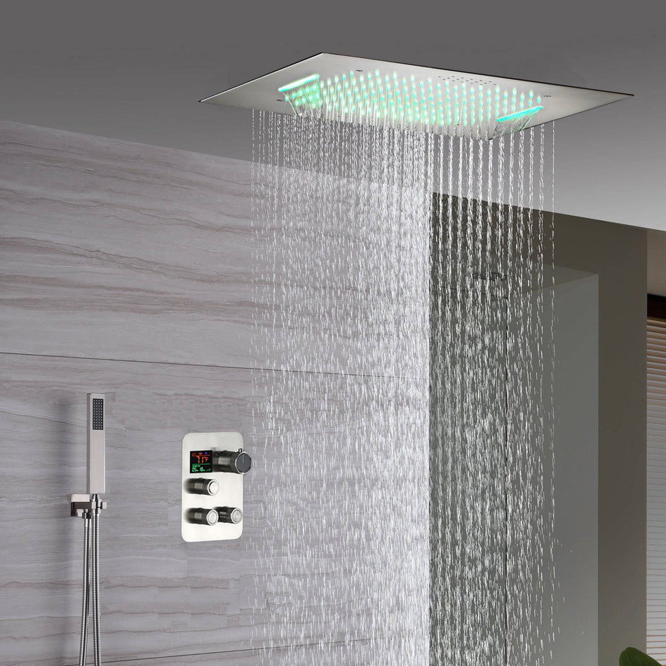 20inch Brushed nickel ceiling or flush mount rainfall waterfall shower systems 3 way thermostatic shower faucet that available in both led light or non-led light options