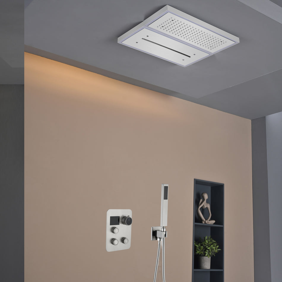 Flush Mount 16 x 16 inch or 32 x 8 inch rainfall waterfall 64 LED light Shower Head 3 way Digital Display Shower Faucet