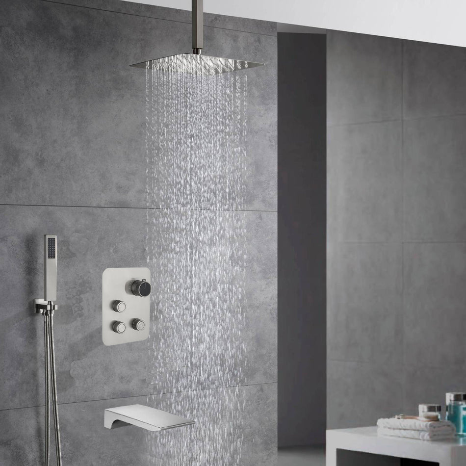 Brushed nickel Ceiling mount Brushed gold 3 way Thermostatic Shower valve system with tub spout that each function run all together and separately