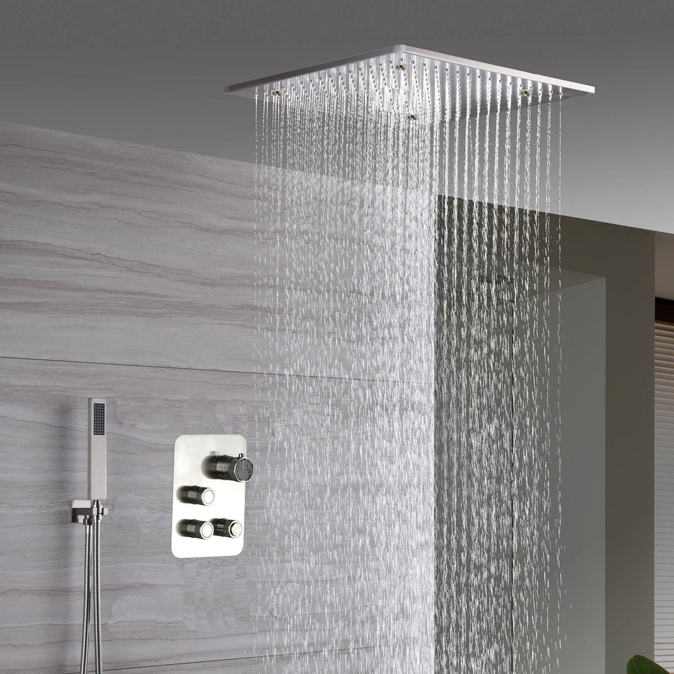20-Inch Brushed Nickel Ceiling-Mount Rainfall, Waterfall and Mist Shower System with 3-Way Thermostatic Valve