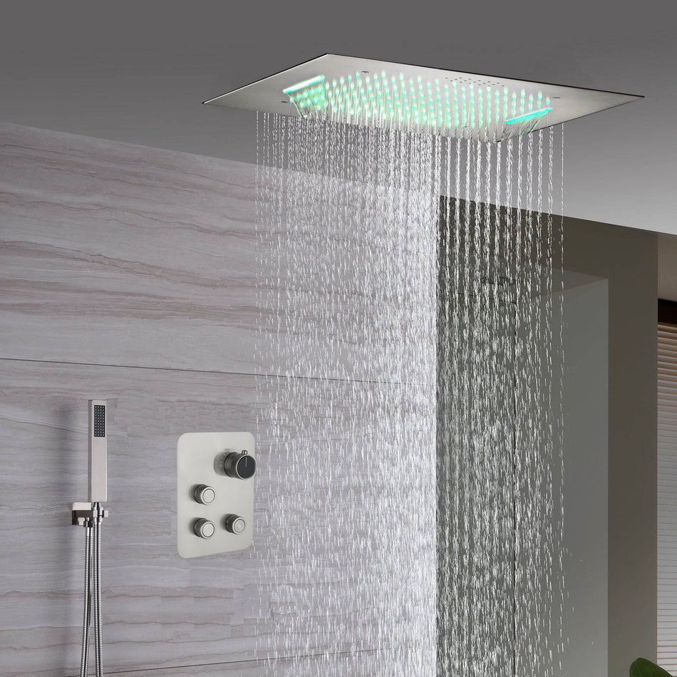 20inch Brushed nickel ceiling or flush mount rainfall waterfall shower systems 3 way thermostatic shower faucet that available in both led light or non-led light options
