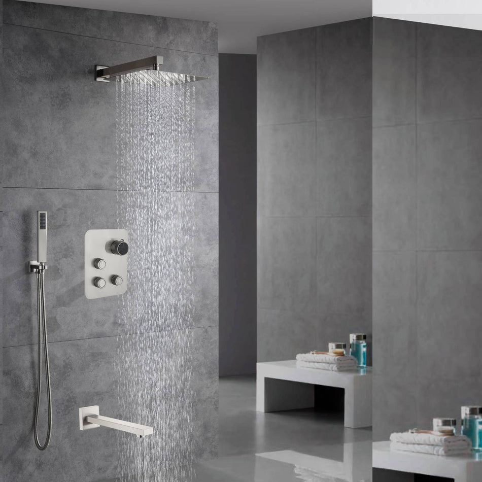 Brushed Nickel Wall Mount 3-Way Thermostatic Shower Valve System with Tub Spout