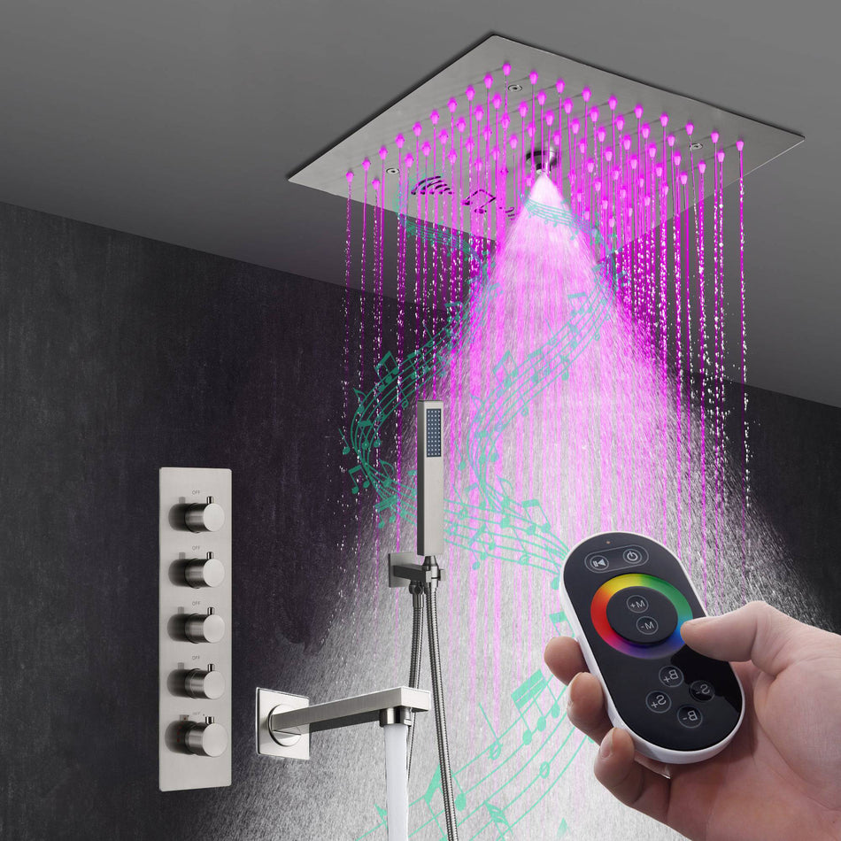 Brushed Nickel 4-Way Thermostatic Shower Faucet: Flush Mount with Waterfall Tub Spout, 12-Inch LED Light Shower Head with 64 Colors and Bluetooth Music