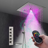Brushed Nickel 4-Way Thermostatic Shower Faucet: Flush Mount with Waterfall Tub Spout, 12-Inch LED Light Shower Head with 64 Colors and Bluetooth Music