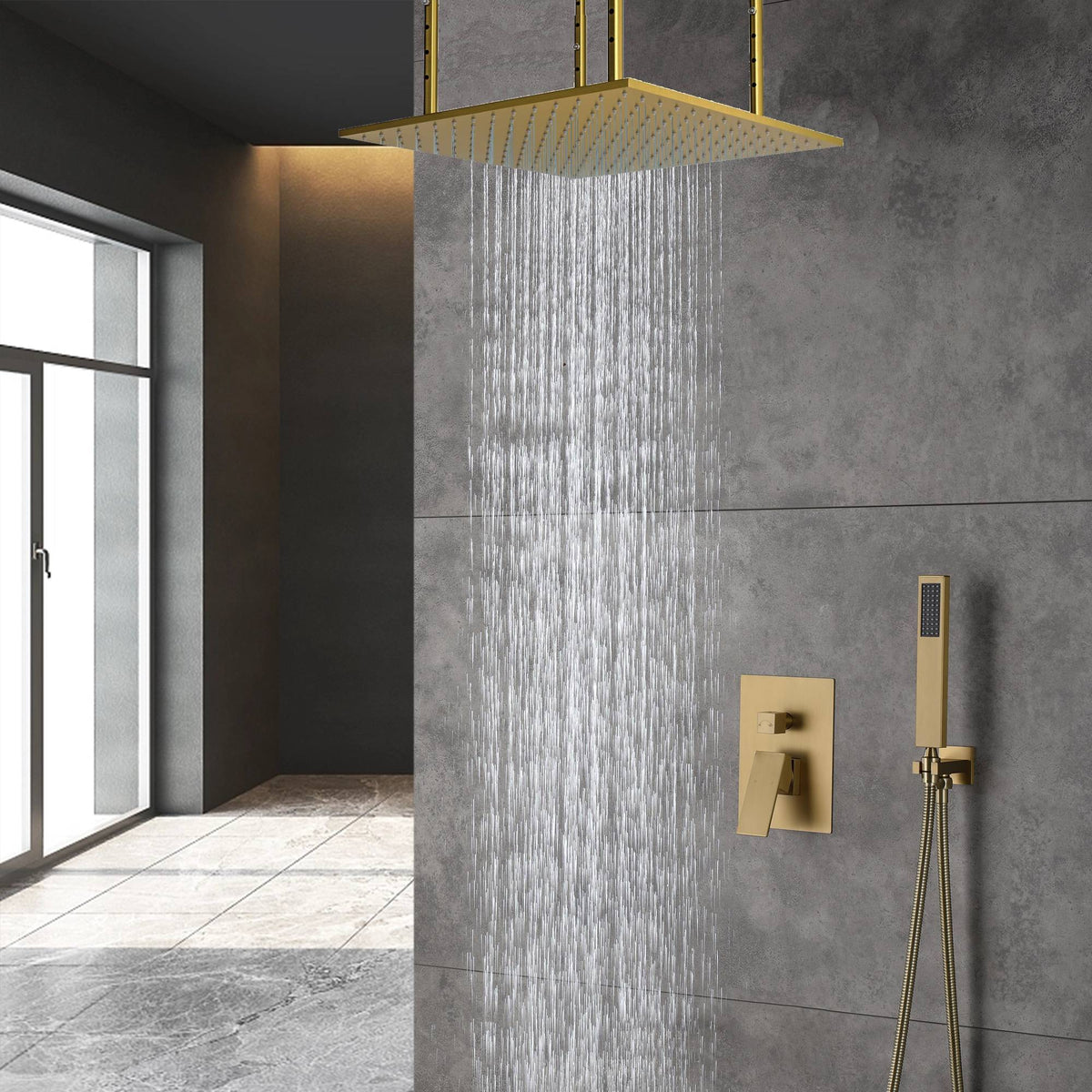 Brushed Gold 20 inch Rain head Ceiling Mount two way pressure balance ...