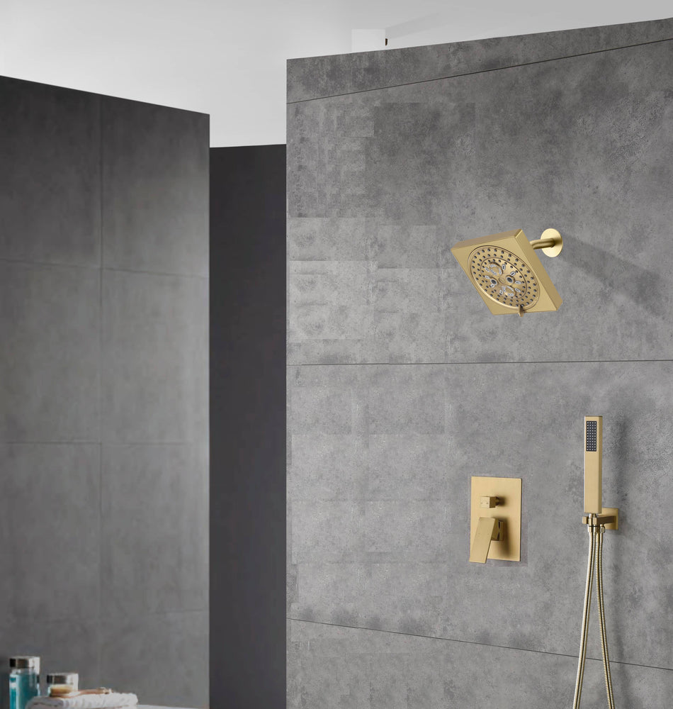 6 Inch Regular shower head wall Mount Brushed Gold two functions Shower System with pressure balance rough in valve and trim