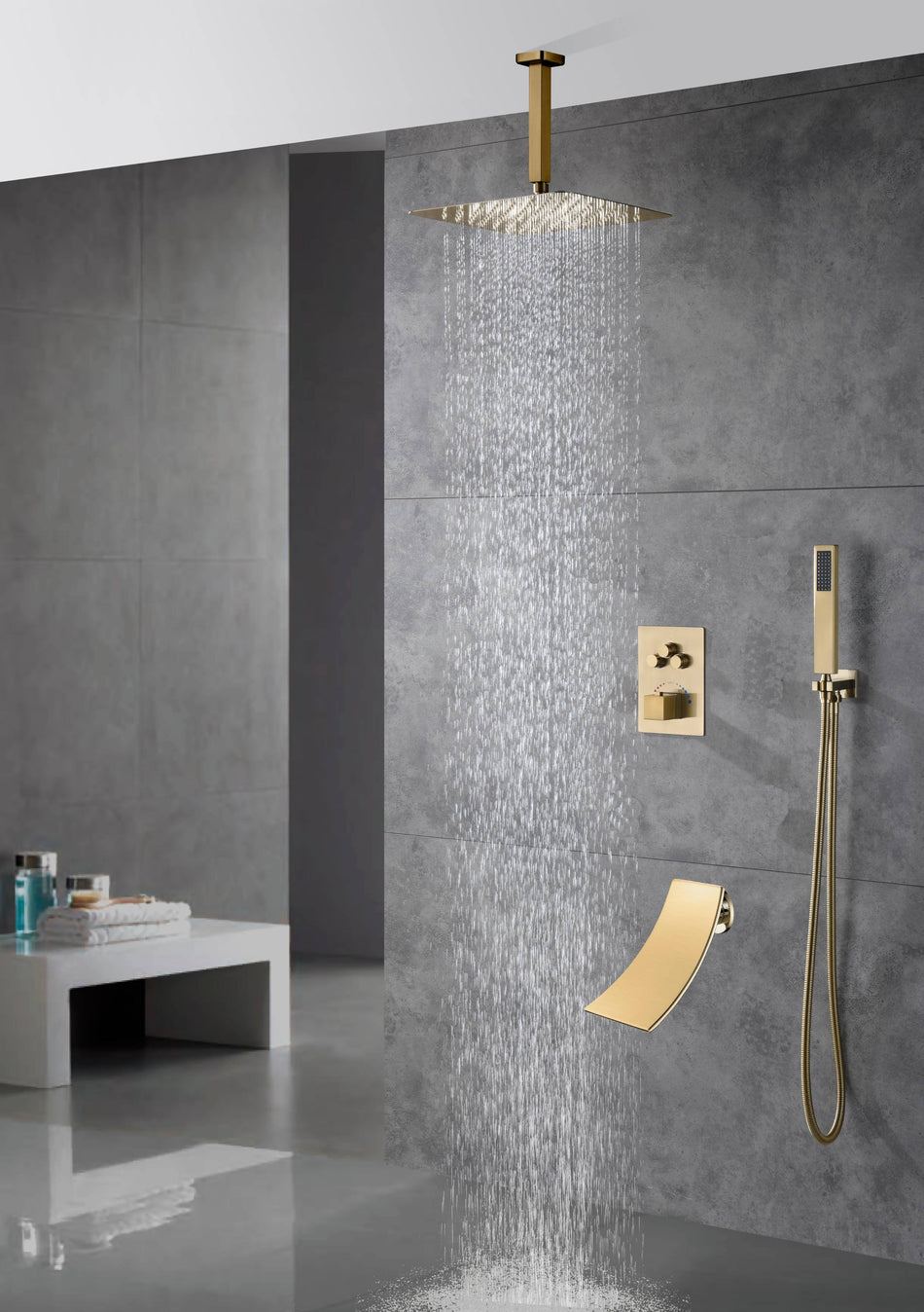 Ceiling-Mounted Brushed Gold 3 Way Thermostatic Shower System with 12" or 16" Rainfall Head, Multifunction and Tub Spout