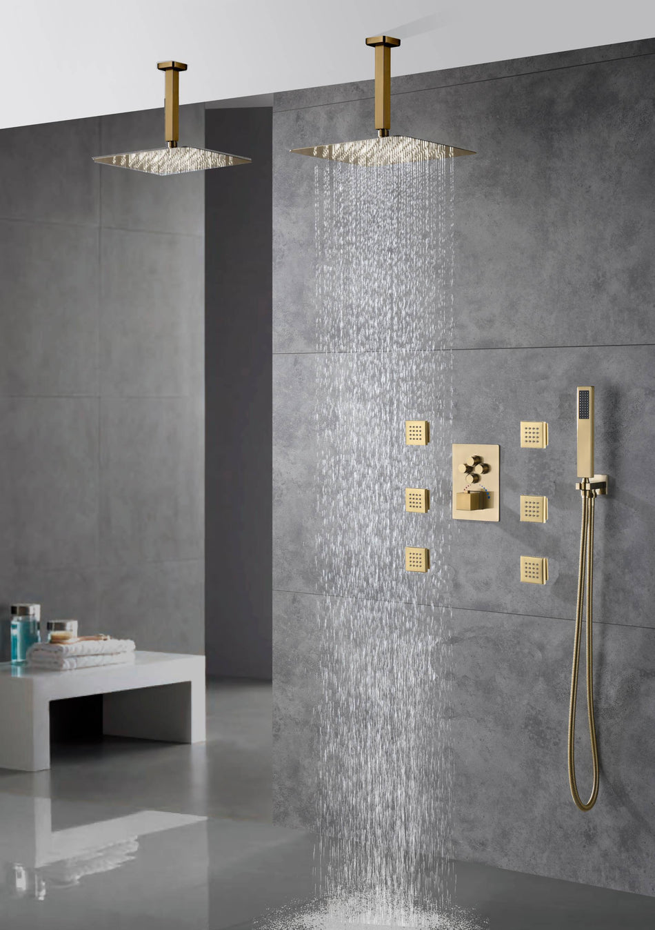 Brushed Gold 4-Way Thermostatic Shower Faucet System: Choose 12'' or 16'' Dual Ceiling Mount Shower Heads, with Body Jets and Both Simultaneous and Separate Functionality