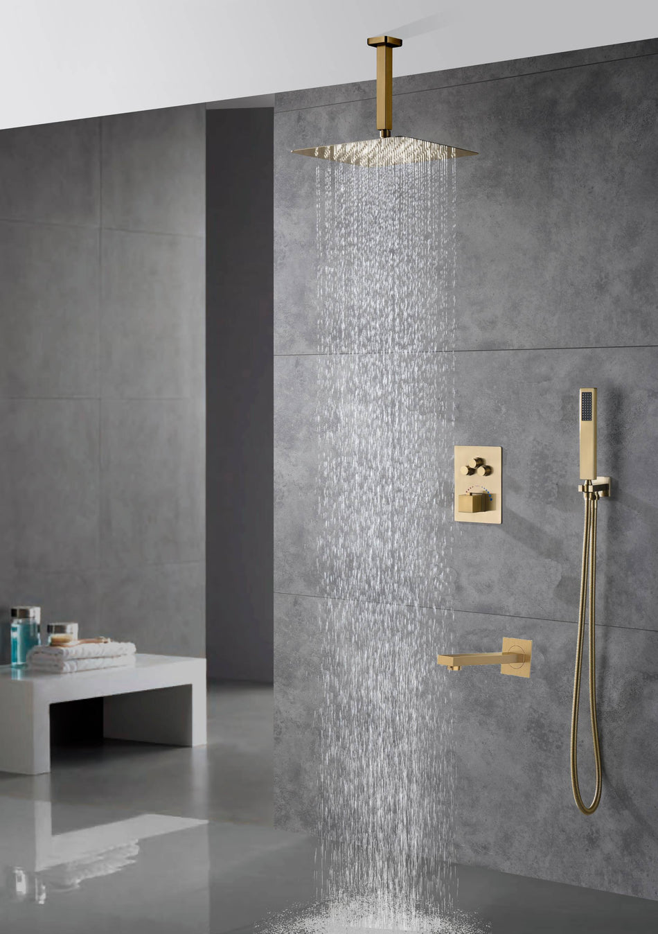 Ceiling-Mounted Brushed Gold Thermostatic Shower System with Tub Spout and Choice of 12 or 16 Inch Rainfall Head: Simultaneous or Separate Functionality