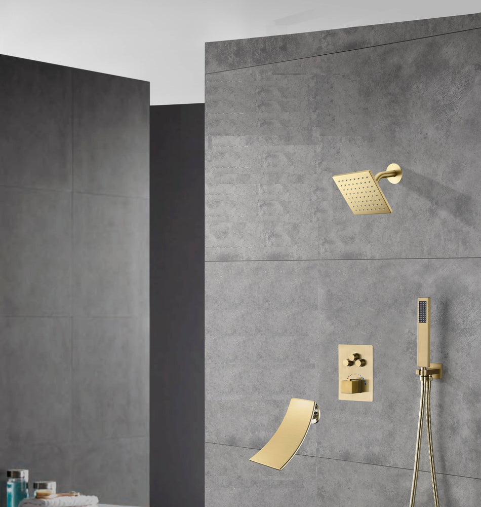 wall  mount regular head  Brushed gold 3 way Thermostatic Shower valve system with tub spout that each function run all together and separately