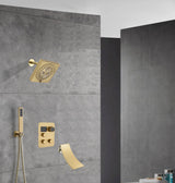 wall  mount regular head  Brushed gold 3 way Thermostatic Shower valve system with tub spout that each function run all together and separately