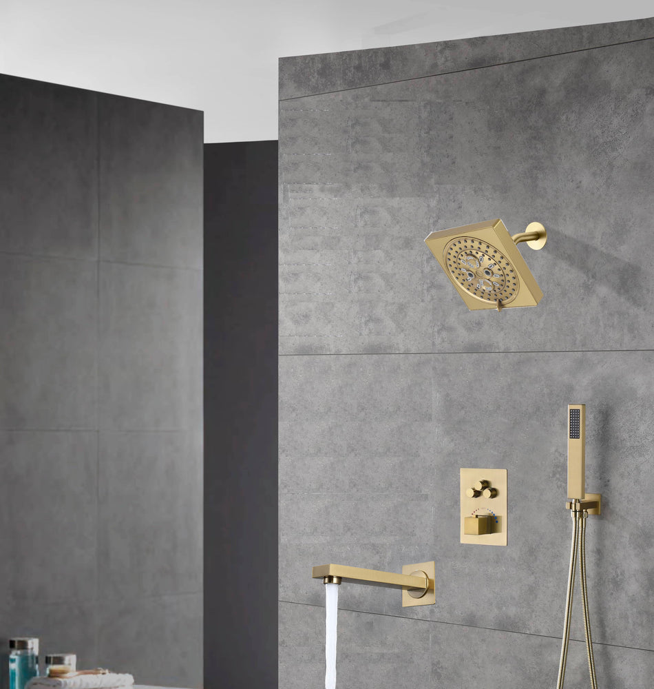 wall  mount regular head  Brushed gold 3 way Thermostatic Shower valve system with tub spout that each function run all together and separately