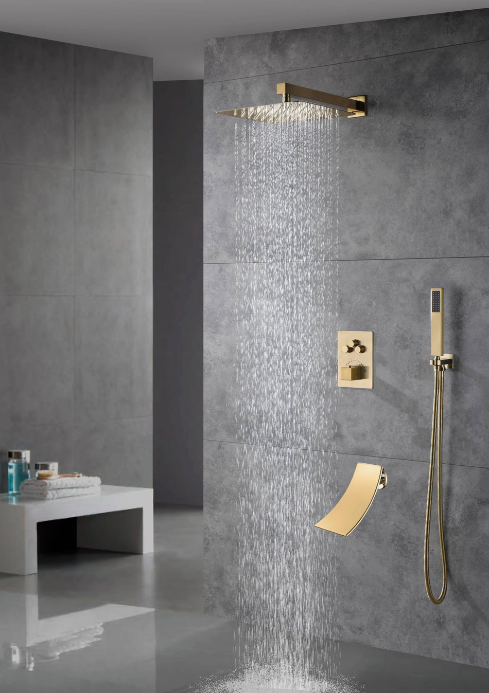 Wall Mount Brushed Gold Thermostatic Shower System - 3-Way Valve, Tub Spout, and 12''/16'' Rain Head with Independent & Combined Functionality