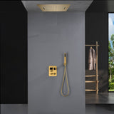 Brushed Gold 20-Inch Flush-Mounted Rainfall & Waterfall Shower System with Digital Display Thermostatic Faucet, 64-Color LED, Music, and 3-Way Functionality - All Functions Operable Simultaneously or Separately
